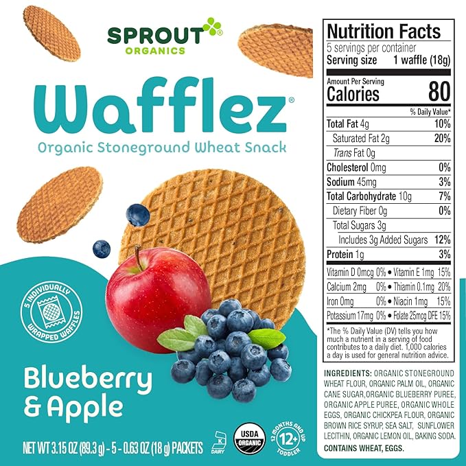 Sprout Organic Baby Food, Stage 4 Toddler Snacks, Blueberry Apple Wafflez, Single Serve Waffles 5 Count(Pack of 10)