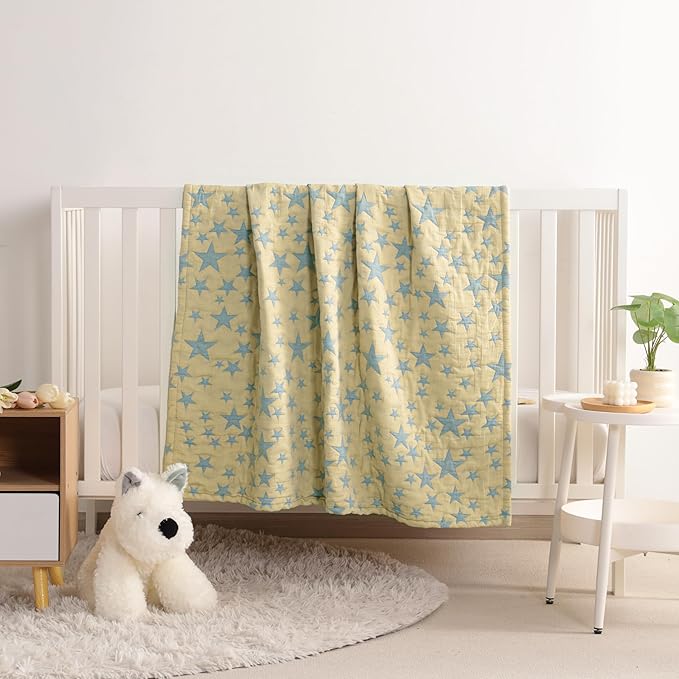 NTBAY 3 Layer Toddler Blanket, Muslin Cotton Jacquard Bed Blankets, Lightweight Thermal Baby Blanket, Super Soft and Warm Crib Blanket for All Seasons, Decoration Gift, 45"x60", Blue and Yellow Star