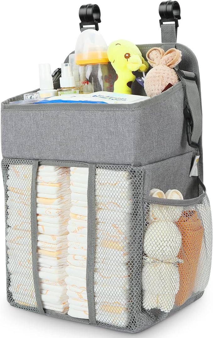 Maliton Changing Table Diaper Organizer - Baby Hanging Diaper Stacker Nursery Caddy Organizer for Cribs Playard Baby Essentials Storage - Hold 52+ Diapers - 18.5" x 10.5" x 8" (Gray)