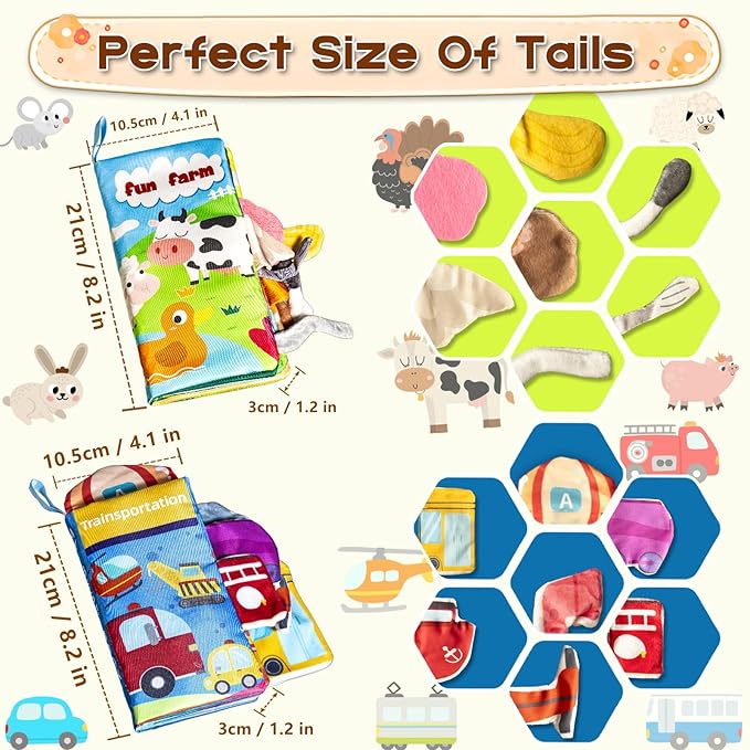Soft Book Toys for Babies 0-18 Months, 2PCS Crinkle Cloth Books – Farm Transportation Themes, Tails Sensory Book with Rings for Hang, Montessori Early Learning Infant Toy for 0-6-12-18 Month