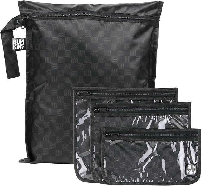 Bumkins - Waterproof Wet Bag & Clear Travel Bags - For Beach, Baby, Travel, Swim Suit, Cloth Diapers, Pump Parts, Pool, Gym, Toiletries - Reusable & Easy to Clean - Black Check - 4 Pack
