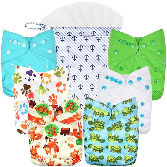 wegreeco Cloth Diapers 6 Pack with 6 Inserts & 1 Wet Bag, Washable Cloth Diapers for Babies, One Size Adjustable Reusable (Neutral Prints)