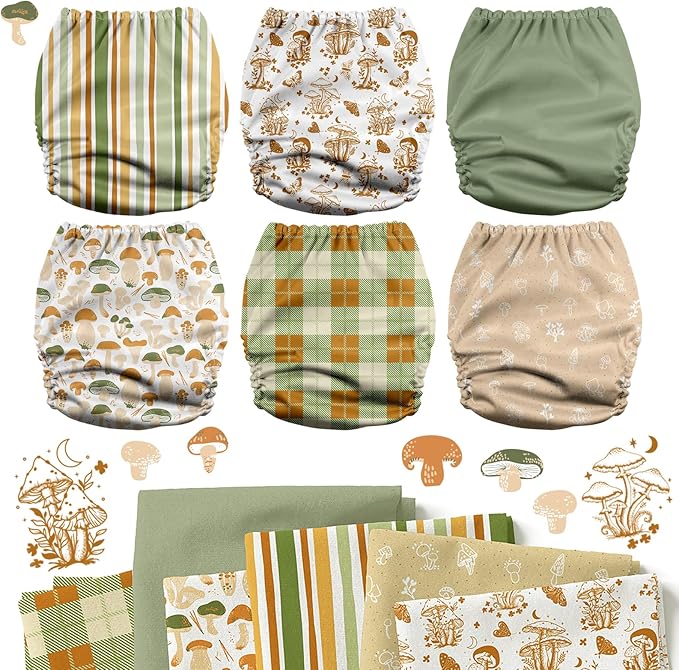 Mama Koala 3.0 Pocket Cloth Diapers for Babies with AWJ Lining, 6 Pack with 6 5-Layer Natural Cloth Diaper Inserts - Reusable and Washable Pocket Diapers(A-Mushrooms)