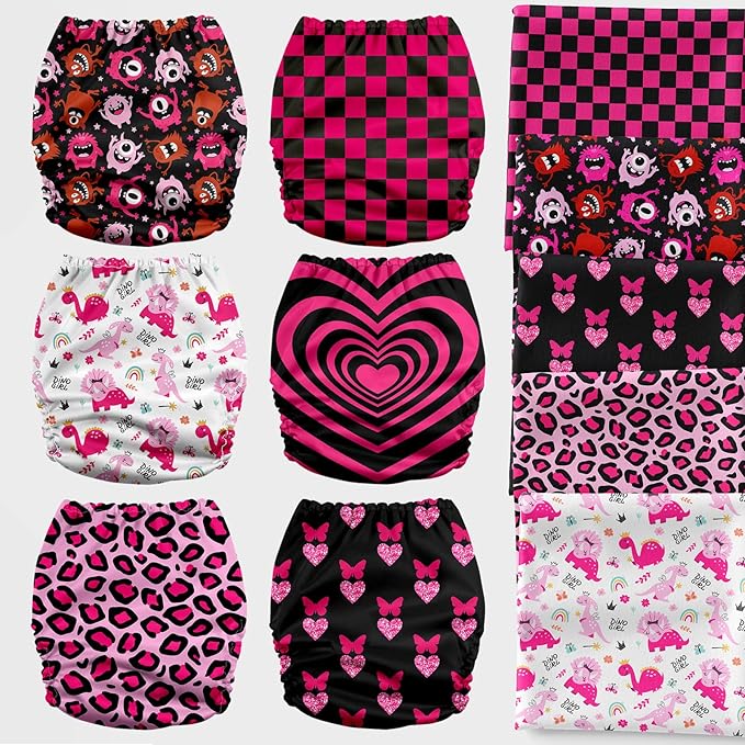 Mama Koala 3.0 Cloth Diapers for Babies with AWJ Lining, 6 Pack with 6 Natural Cloth Diaper Inserts - Reusable and Washable Pocket Diapers (Pink Love)