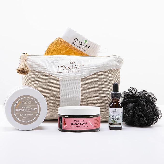 Moroccan Hammam Spa Rejuvinating Ritual Beauty Skincare Kit - 6 piece, Moroccan Rose Blossom Black Soap, Body Clay, Argan Oil, Pure & Natural, Purifying, Cleansing, exfoliating for every skin type