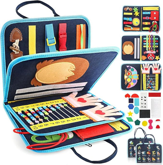 Toddler Busy Board, Montessori Sensory Toys for Boys, 1-4 Year Old Girl Toddler Travel Toys, Educational Learning Activities Board for Motor Skills, Birthday Gifts for Airplane Car, Blue Dinosaur