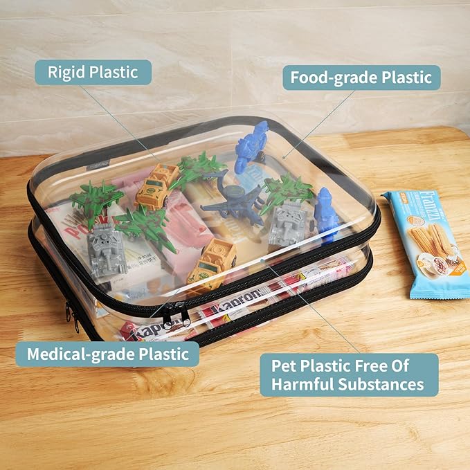 Hard Sided Clear Zipper Case for Storage- Professional-Grade Plastic Clear Zipper Pencil Case,Toy Storage Bins, Toiletry Pouch, Travel Organizer, Cosmetic Bag（Black,2 Pack, L）