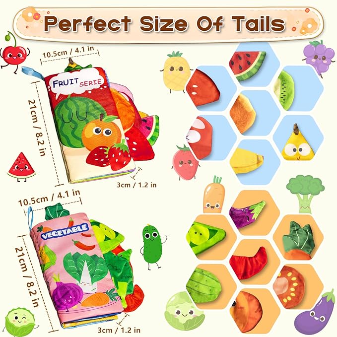 Soft Book Toys for Babies 0-18 Months, 2PCS Crinkle Cloth Books – Fruit and Vegetable Themes, Tails Sensory Book with Rings for Hang, Montessori Early Learning Infant Toy for 0-6-12-18 Month