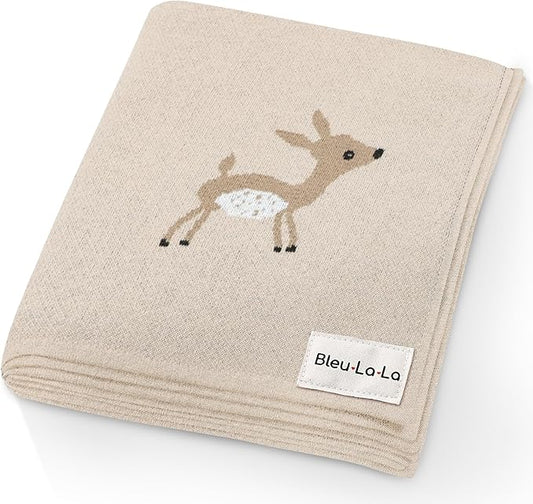 Knit Baby Swaddle Blanket - 100% Cotton Soft Cozy Receiving Swaddling Stroller Blanket Quilt for Shower Gift Registry for Newborns Infants Toddlers Gender Neutral (Deer - Taupe)
