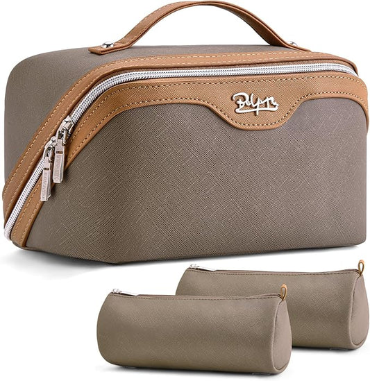 BOYATU Travel Makeup Bag Organizer Cosmetic Bag: 3 Pcs Set Make up Bags for Women with Handle - Waterproof Vegan Leather Toiletry Bags Travel Essentials Pouch with Compartments (A-02-Grey)