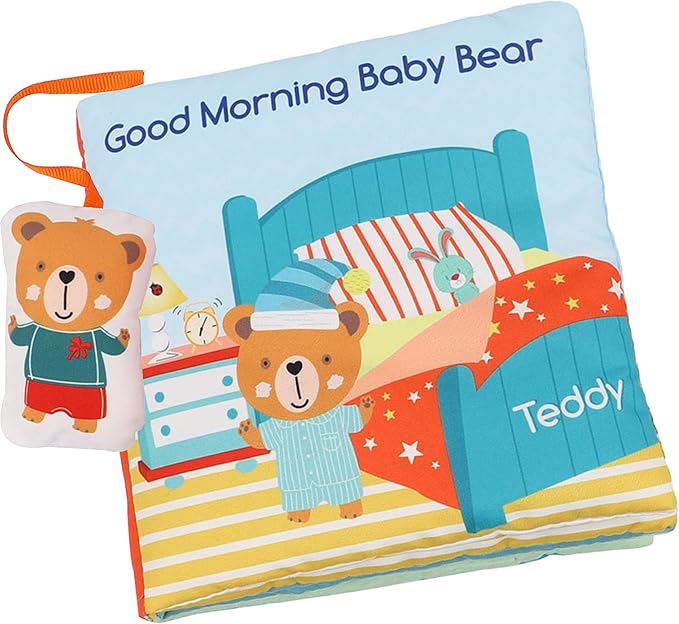 Teddy Bear Baby Toy Cloth Crinkle Books for Babies Infant Toddler, Soft Toys 0-6-12 Months Activity Tummy Time Mirror Toy, Gifts for Boys Girls Baby Shower, 1-2-3 Years Old-Morning