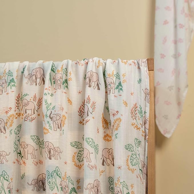 GLLQUEN BABY Muslin Swaddle Blankets 4-Pack Breathable Receiving Blankets (35" x 40") Soft Baby Blankets for Girls and Boys Newborn Essentials Muslin Burp Cloths Swaddle Wrap Baby Gift(Pink Elephant)