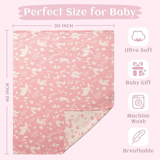 NTBAY 3 Layer Toddler Blanket, Muslin Cotton Jacquard Bed Blankets, Lightweight Thermal Baby Blanket, Super Soft and Warm Crib Blanket for All Seasons, Decoration Gift, 30"x40", Pink Owl