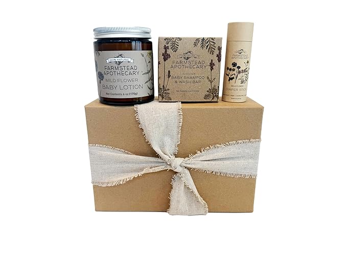Farmstead Apothecary Organic Baby Care Gift Set – Plant-Based Baby Shampoo, Lotion & Diaper Stick – Plastic-Free, Cruelty-Free, Vegan – Newborn Essentials for Sensitive Skin