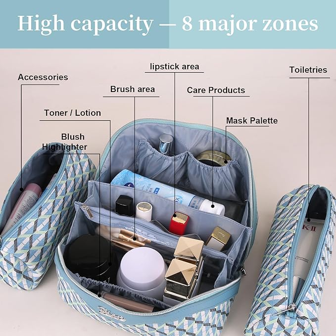 BOYATU Travel Makeup Bags for Women: Large Capacity Cosmetic Bag Set of 3 - Vegan Leather Make up Bags with Compartments - Wide Open Waterproof Toiletry Organizer Bag with Handle (B-02-Blue)