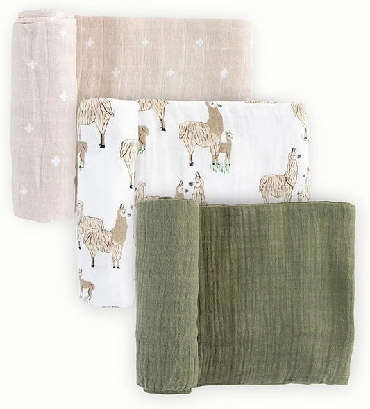 Little Unicorn Premium Muslin Swaddle Blanket 3 Pack | for swaddling, Play, Nursing & More | Giftable Set of 3 (Llama Llama)