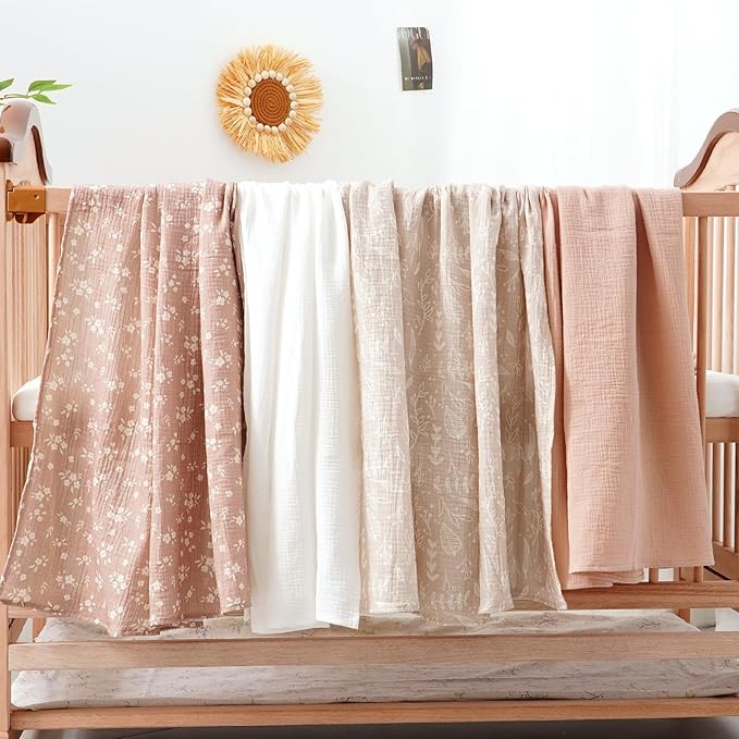 Happy Flute 4Set Muslin Swaddle Blankets–Ultra Soft Baby Blanket for Newborns,Receiving Blankets for Baby Girls & Boys–Baby Essentials 0-3 Years,40x40inches (Flower)