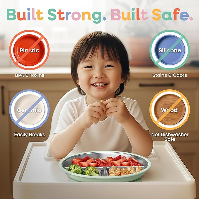 Stainless Steel Kids Plates with Suction - 9" Stainless Steel Toddler Plates with Dividers and Strong Hold Silicone Base - Feeding Dinnerware for Baby, Dishwasher Safe Suction Plate Non Toxic