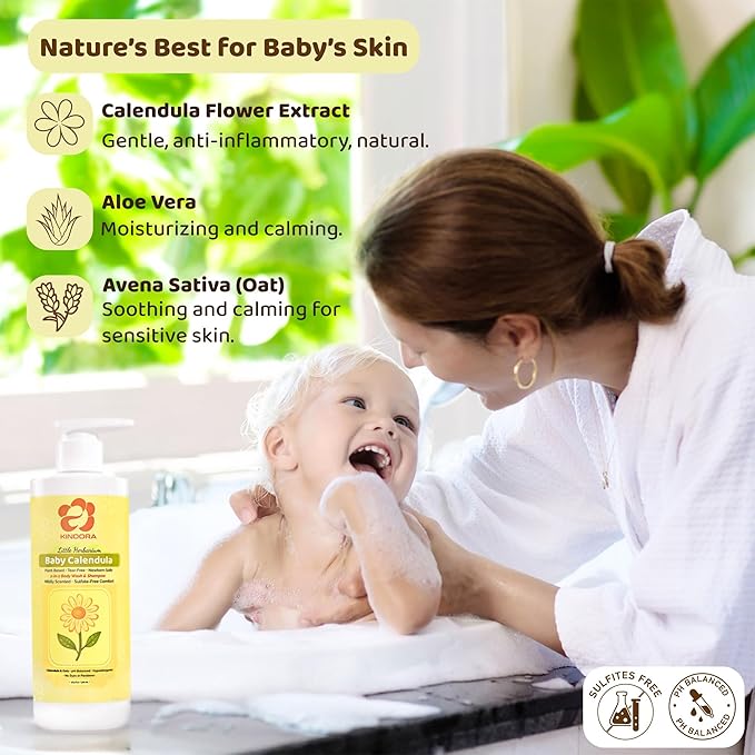 KINDORA 2-in-1 Calendula & Oat Baby Shampoo & Body Wash | Gentle, Tear-Free & Hypoallergenic Bath Wash for Sensitive Skin | Organic, Vegan & Plant-Based Cradle Cap Treatment – 16.9 fl oz