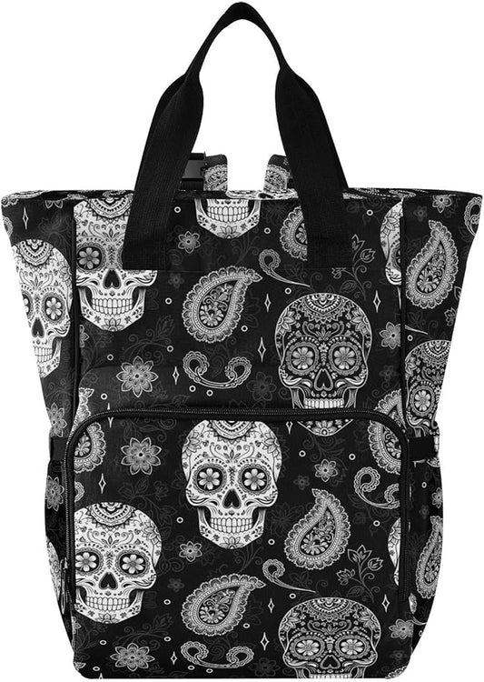 Emelivor Black White Floral Skull Diaper Bag Backpack Large Capacity with Insulated Pockets Baby Bag Diaper Bags for Boy Girl Unisex Baby Women Travel