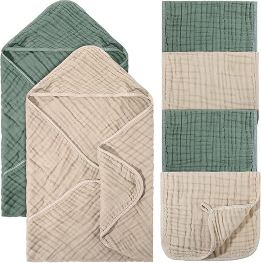 VitalCozy 6 Pcs Baby Muslin Hooded Bath Towels and Washcloths, 32 x 32 Inch Muslin Cotton Hooded Baby Towels Absorbent Hooded Blankets for Gift Newborn Infant Shower (Beige,Green)