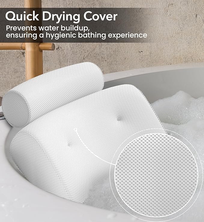 Everlasting Comfort Luxury Bath Pillows for Tub with Head and Neck Support - Non-Slip Bathtub Pillow with Suction Cups, Quick-Drying Mesh & Drying Hook - Jacuzzi & Spa Accessories for Women - White
