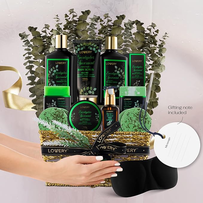 Eucalyptus Spearmint Bath Set, Home Spa Set with Natural Mint Fragrance, 17 Pcs Gift Basket, Eucalyptus Bath Oil, Shower Gel, Bubble Bath, Bath Crystal, Steamer Tablet & More, Best Birthday Gift