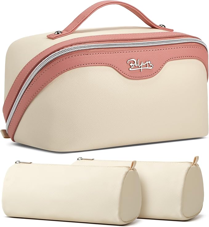 BOYATU Travel Makeup Bag Organizer Cosmetic Bag: 3 Pcs Set Make up Bags for Women with Handle - Waterproof Vegan Leather Toiletry Bags Travel Essentials Pouch with Compartments (D-02-White)
