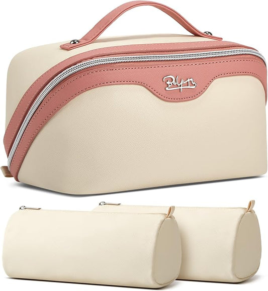 BOYATU Travel Makeup Bag Organizer Cosmetic Bag: 3 Pcs Set Make up Bags for Women with Handle - Waterproof Vegan Leather Toiletry Bags Travel Essentials Pouch with Compartments (D-02-White)