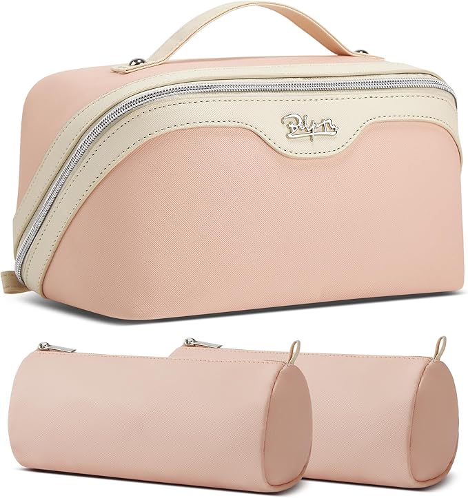 BOYATU Travel Makeup Bag Organizer Cosmetic Bag: 3 Pcs Set Make up Bags for Women with Handle - Waterproof Vegan Leather Toiletry Bags Travel Essentials Pouch with Compartments (D-04-Pink)