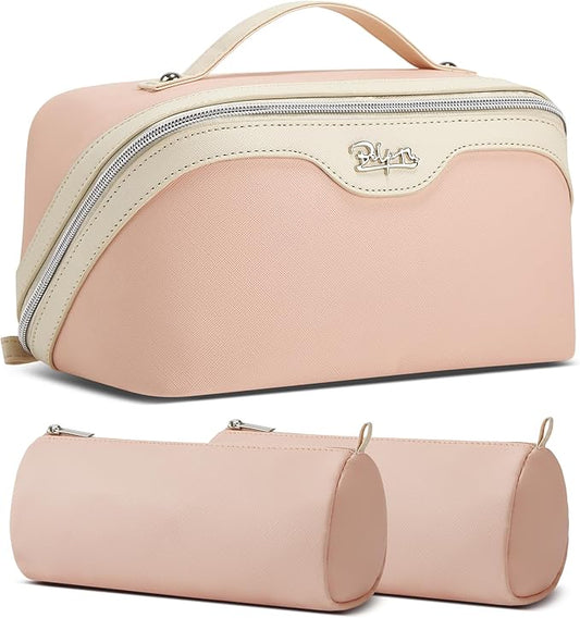 BOYATU Travel Makeup Bag Organizer Cosmetic Bag: 3 Pcs Set Make up Bags for Women with Handle - Waterproof Vegan Leather Toiletry Bags Travel Essentials Pouch with Compartments (D-04-Pink)