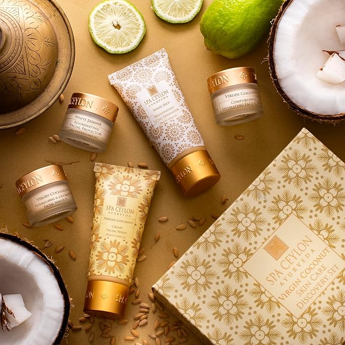 Spa Ceylon Virgin Coconut Skin Care Discovery Set | Travel Size Face Care Set | Organic Face Wash, Masque, Face Cream & Protector | For Normal to Dry Skin