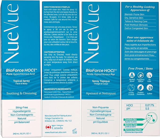 BioForce Pure Hypochlorous Acid Spray for Face & Body - Made in Canada - Gentle Skin Cleanser & Toner, Acne-Prone Skin, Eczema, Piercing aftercare, pH Balanced, Alcohol-Free, NueVue (2-Pack x 8.2oz)