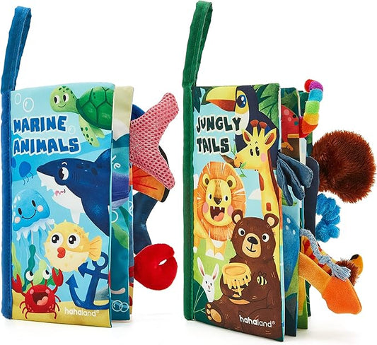 hahaland Baby Toys 0-6 Months - Crinkle Books for Babies 2PCS, Cloth Texture Tails Sensory Book 6-12 Months, Soft Tummy Time Toys 3 4 5 Month Newborn Infant Boys Gifts Christmas Baby Stocking Stuffers