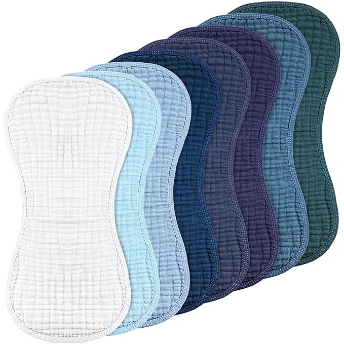 Frienda 8 Pieces Muslin Burp Cloths for Baby Cotton Burp Cloth 10 x 20 Inches Multi Colors Muslin Washcloths Diapers 4 Absorbent Layers Newborn Face Towels for Baby Boy Girl Unisex (Blue Series)