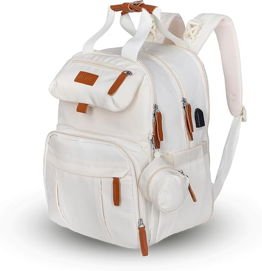 Expandable Diaper Bag Backpack for Baby Boy & Girl – 26-32L Large Capacity Travel Diaper Bag with Insulated Pockets, Changing Pad & Stroller Straps – Beige