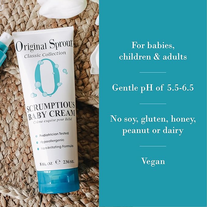 Original Sprout Scrumptious Baby Cream, Gentle Moisturizing Cream for Dry, Sensitive Skin & Diaper Rash, Non-Greasy Baby Lotion with Zinc Oxide & Calendula for Face & Body, 8 fl oz, (Pack of 2)
