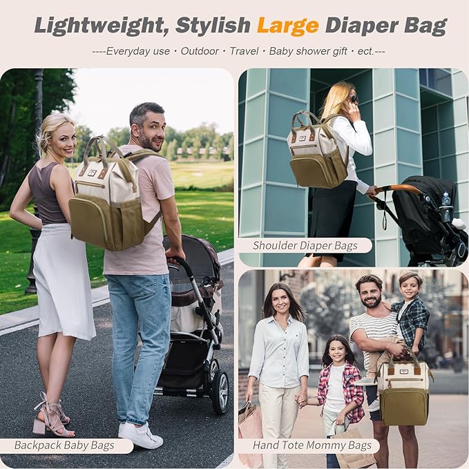 Diaper Bag Backpack: Tote Baby Bag for Boy and Girl, Large Mommy Bag Insulated Pockets Charger Holes for Men and Women, Nappy Bag for Baby Airplane Traveing Beige khaki