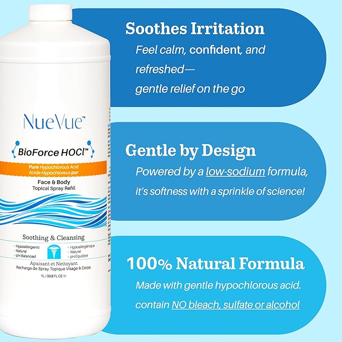 BioForce HOCl Pure Hypochlorous Acid Spray Refill for Face & Body (33 Oz) - Acne-Prone Skin & Eczema, Piercing aftercare, Made in Canada, Gentle Skin Cleanser & Toner, pH Balanced, Non-comedogenic
