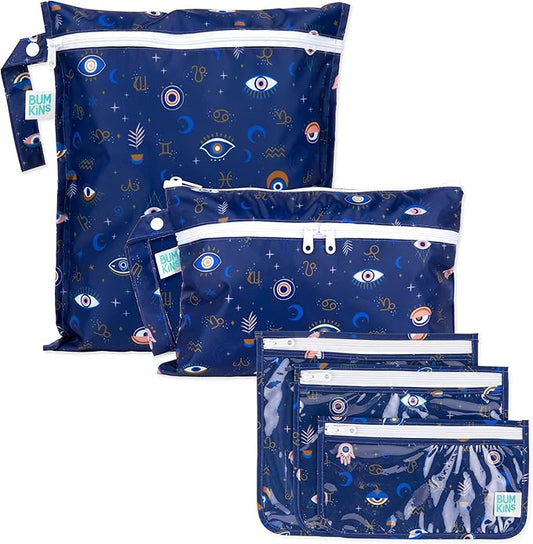 Bumkins - Waterproof Wet Bag, Wet/Dry Clutch & Clear Travel Bags - For Beach, Baby, Travel, Cloth Diapers, Pump Parts, Pool, Gym, Toiletries - Reusable & Easy to Clean - Evil Eye - 5 Pack