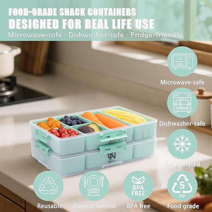 Stackable Snackle Box Container with 2 Lids, 14 Compartments - BPA-Free Snackle box Organizer, Dishwasher & Microwave Safe Reusable Snacklebox for Veggies, Fruits, Charcuterie, Snacks (Green, 2 Pack)
