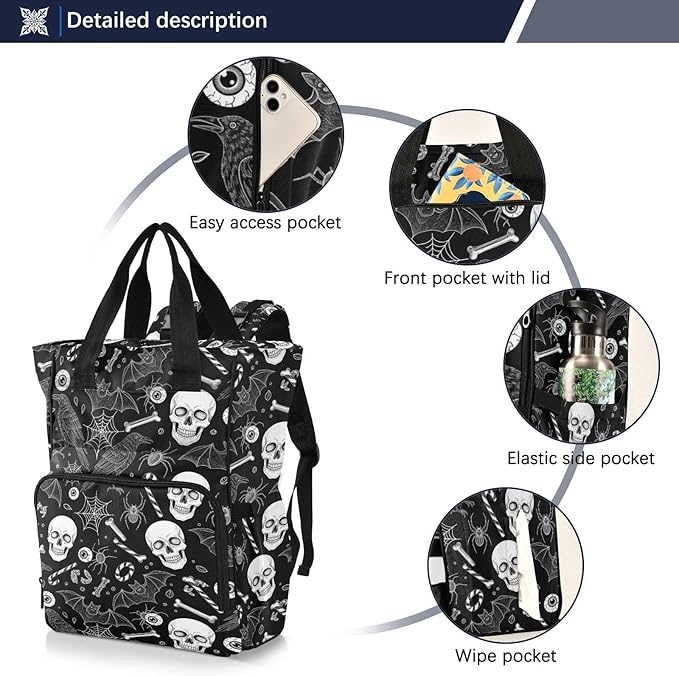 Emelivor Skull Spider Bones Diaper Bag Backpack Large Capacity with Insulated Pockets Baby Bag Diaper Bags for Boy Girl Travel Mom Women Men