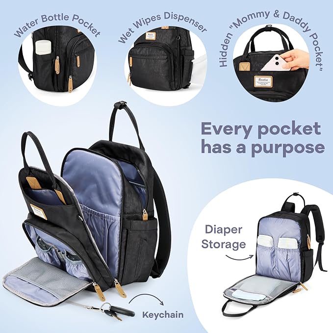 RUVALINO Diaper Bag Backpack-Multifunction Baby Travel Bag with Changing pad, Insulated Bottle Holders & Pacifier Case, Large Capacity, Waterproof, Black Leopard