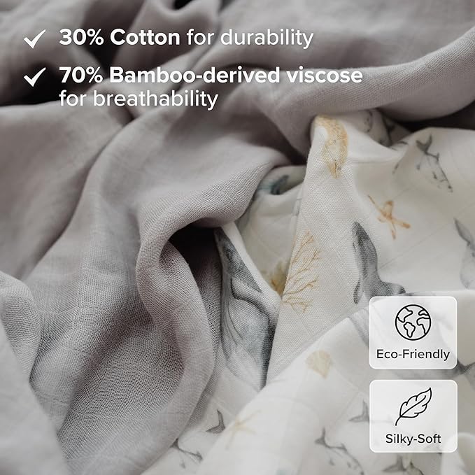 Baby Boy Muslin Swaddle Blankets for Newborns, Ocean Blue 2-Pack, Soft Viscose derived from Bamboo & Cotton Muslin Baby Blankets, 47x43, Breathable Receiving Blankets, Giftable for Newborn