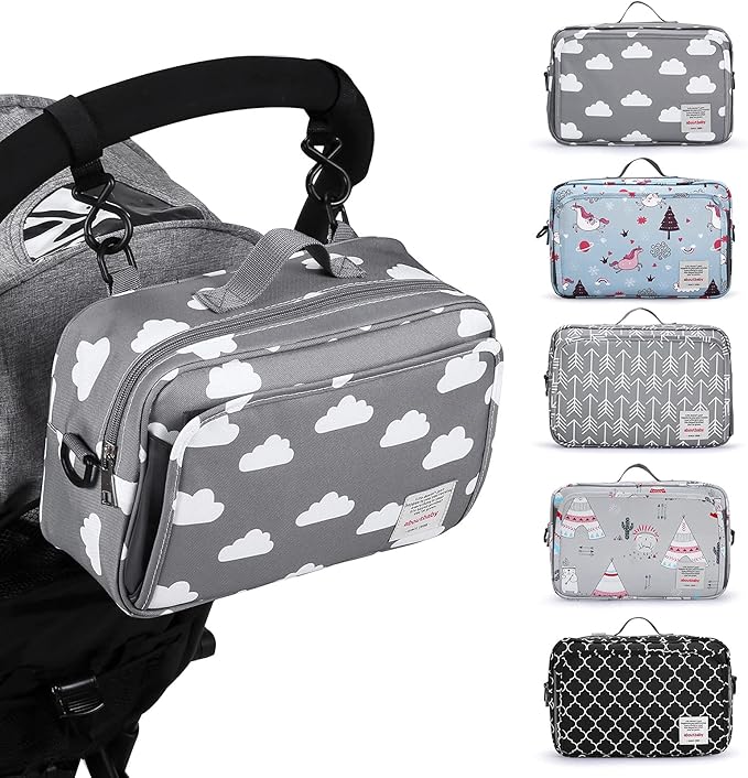 Small Diaper Bag, Stroller Organizer Bags for Baby with Insulated Pocket, Stroller Hooks and Adjustable Strap,Universal Mini Diaper Tote Bags Fit All Strollers, Gray