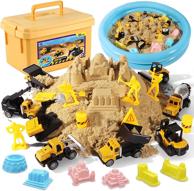 Play Construction Sand Kit,2.2lbs Magic Sand,8 Alloy Construction Vehicles,1 Inflatable Sandbox,8 Worker Figures and Road Signs,6 Castle Molds,1 Storage Box, Sensory Toys for Kids Ages 3+