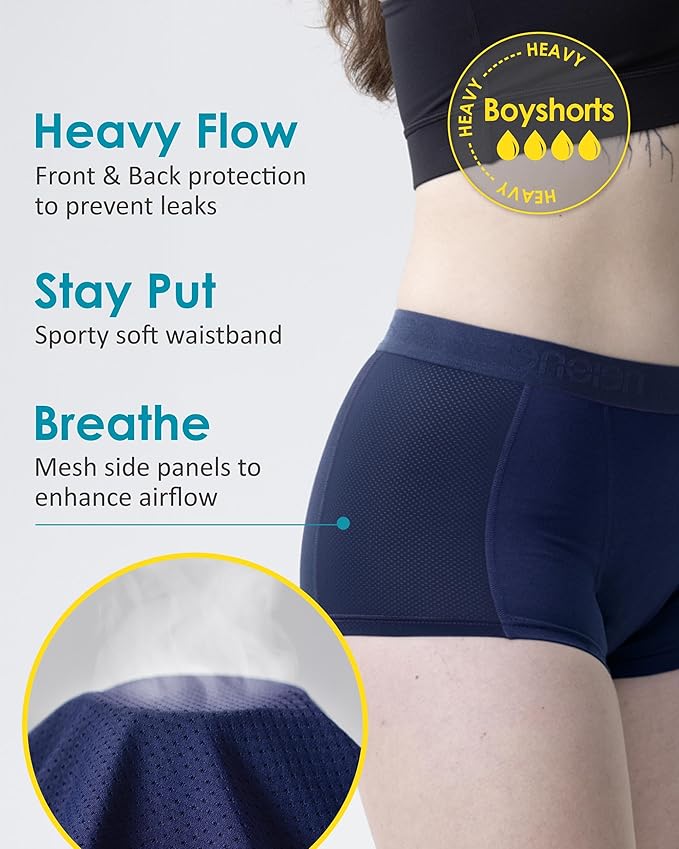 Neione Women Period Underwear Heavy Flow Cotton High-Waisted Sleep Boyshort Menstrual Panties Holds 4 Tampons