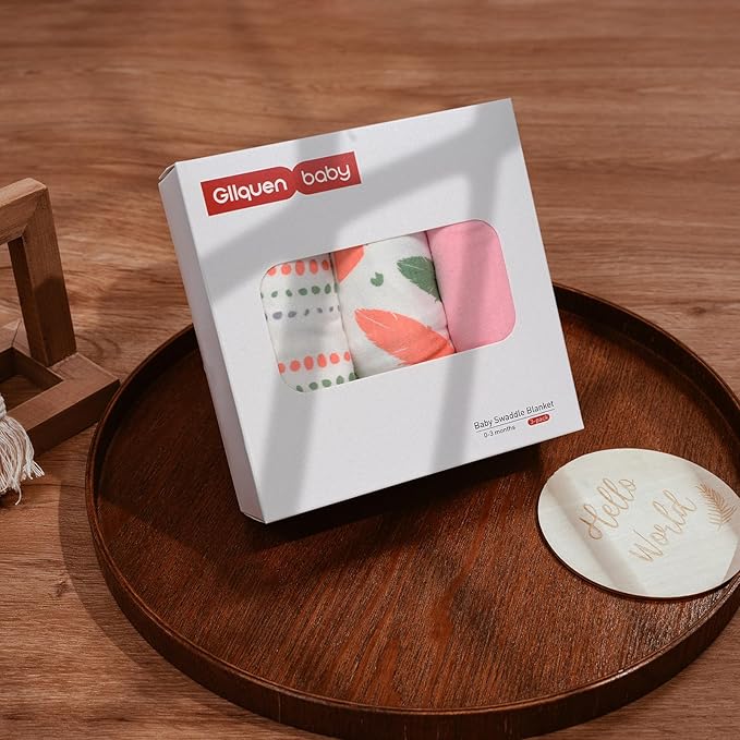 GLLQUEN BABY Swaddle Blankets for Baby Girls, Orange Pink Feather & Wave Point, 3 Pack Wrap Set, Newborn Adjustable Swaddles Sleep Sack, 0-3 Months (Small/Medium)