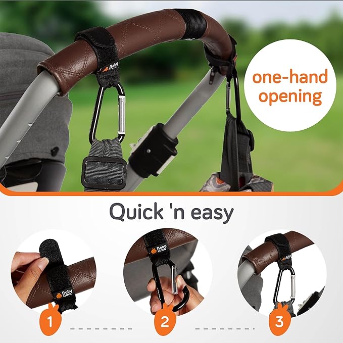 Baby Uma Baby Stroller Hooks for Bags - 4-Pack of Stroller Clips for Diaper Bag, Carry 11 lbs per Stroller Carabiner Clip, Adjustable Stroller Straps, Bag Hook, Universal Stroller Accessories