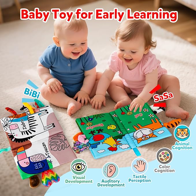 2Pack Soft Baby Books Animal Tails Toy Touch and Feel Crinkle Cloth Book Infant Toy with Non-Toxic Fabrics, Baby Shower, Thank You Gifts for Newborn Boys and Girls 3-12 Months